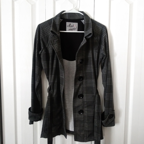 Gray Plaid Pea Coat Size Medium - Picture 3 of 6